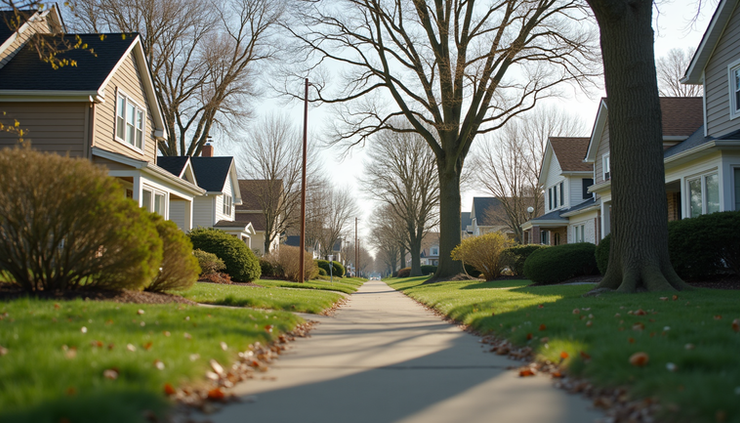 Eye-level view of a New Jersey residential neighborhood with houses and trees