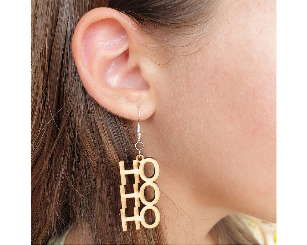 Ξύλινα σκουλαρίκια με hohoho και Άγιο Βασίλη φορεμένα