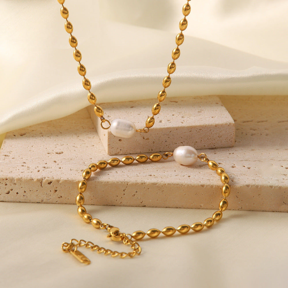 Zora Geometric Freshwater Pearl Pendant Necklace and Bracelet — view 2