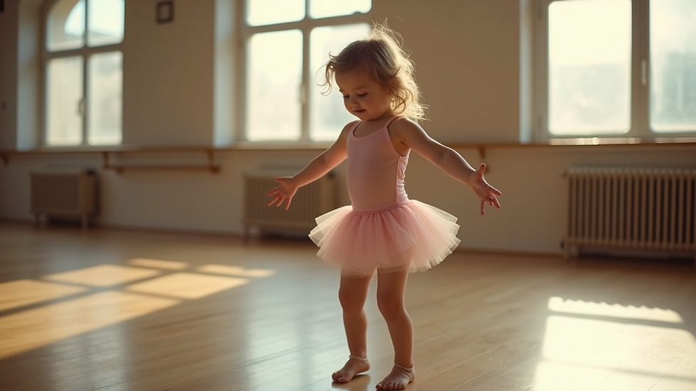 Eye-level view of a young girl dancing joyfully in a dance studio