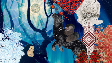 Mystical art collage with snow leopards, ethnic balkan patterns, world tree, girls curled up immersed in nature