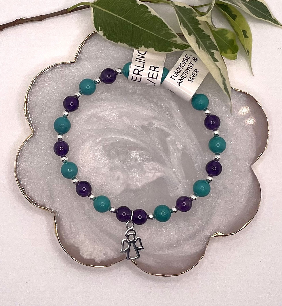 Thumbnail: "RUTH" Angel Charm, Amethyst, Turquoise & Sterling Silver Stretch Bracelet 