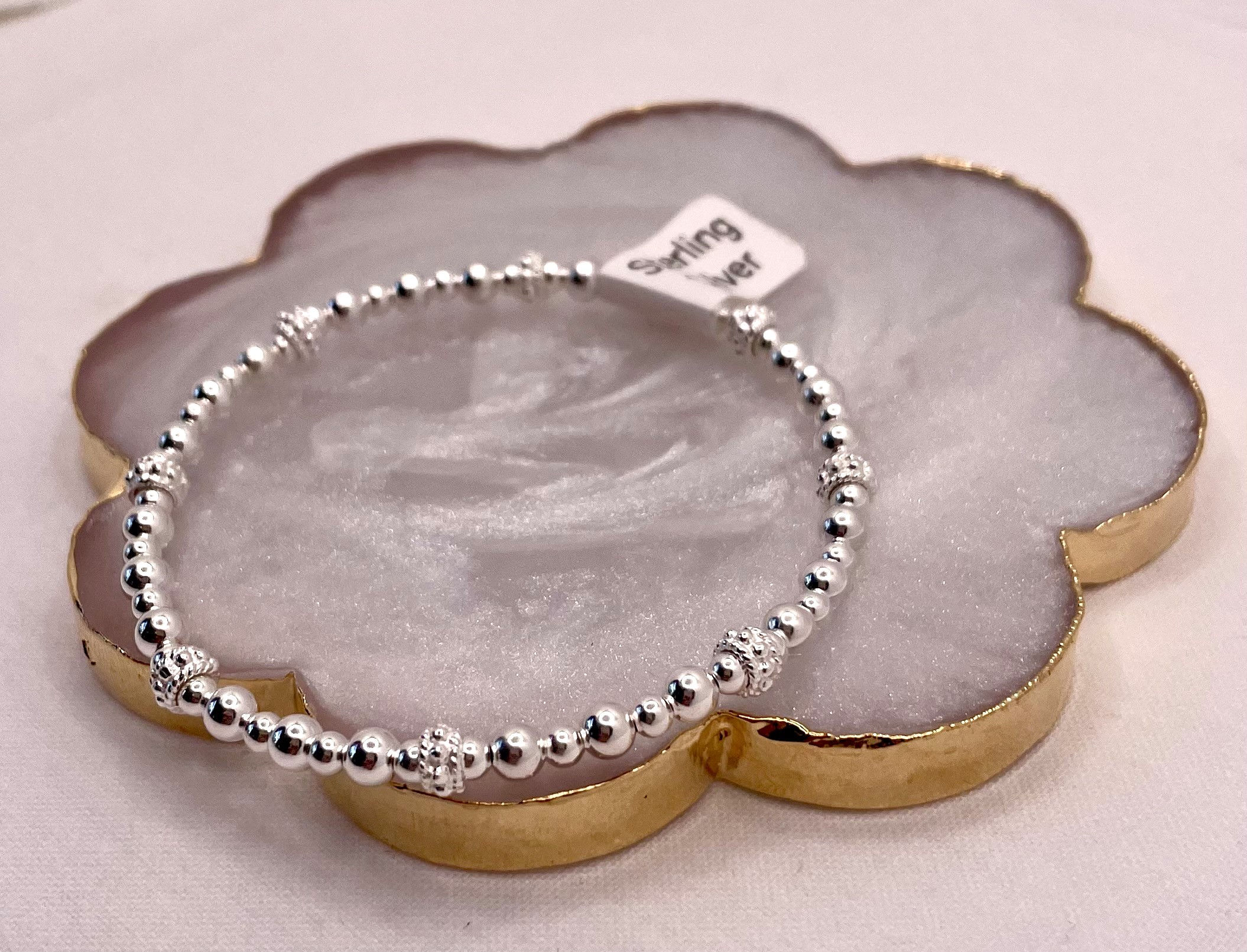 "BELLE" Sterling Silver Round & Fancy Beads Stretch Bracelet