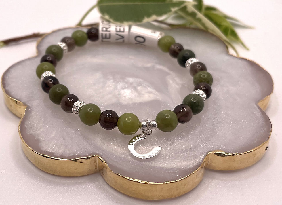 Thumbnail: "ROBYN" Horse Shoe Charm, Jade, Quartz & Sterling Silver Stretch Bracelet 