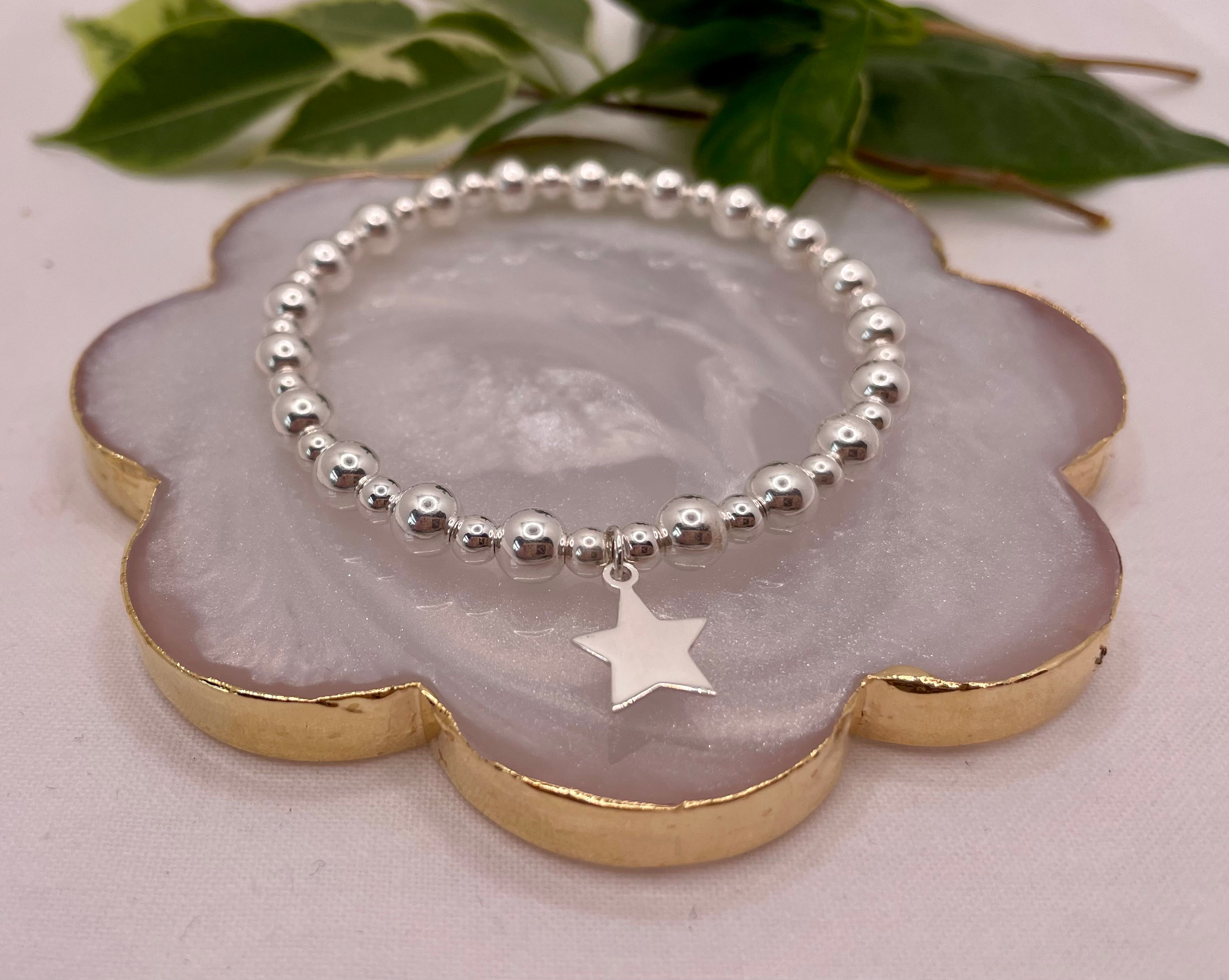 "SARAH" Sterling Silver Star Charm, Round Bead Bracelet
