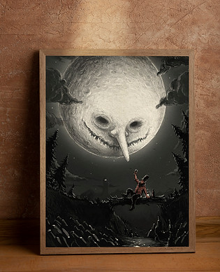 A mock-up of "Drunkard's Moon" in a lovely wood frame.
