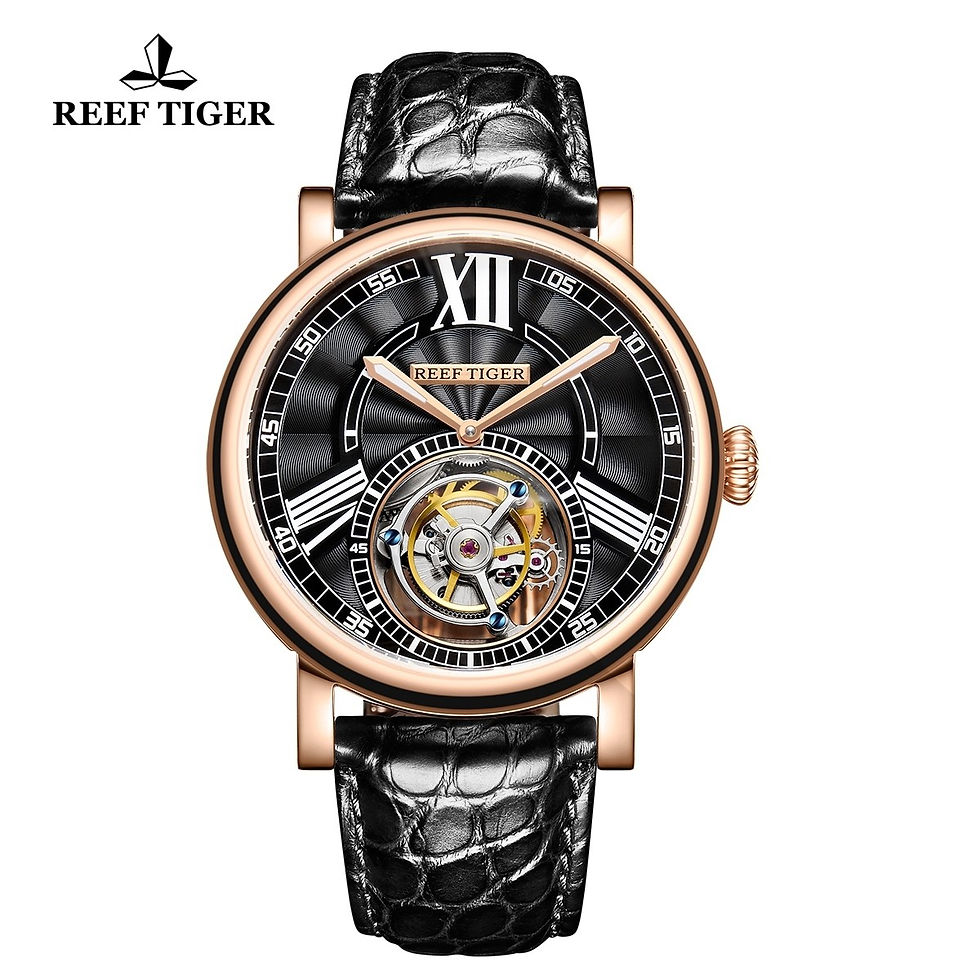 Thumbnail: Reef Tiger Artist Leather Strap Mechanical Men's Tourbillon Watch