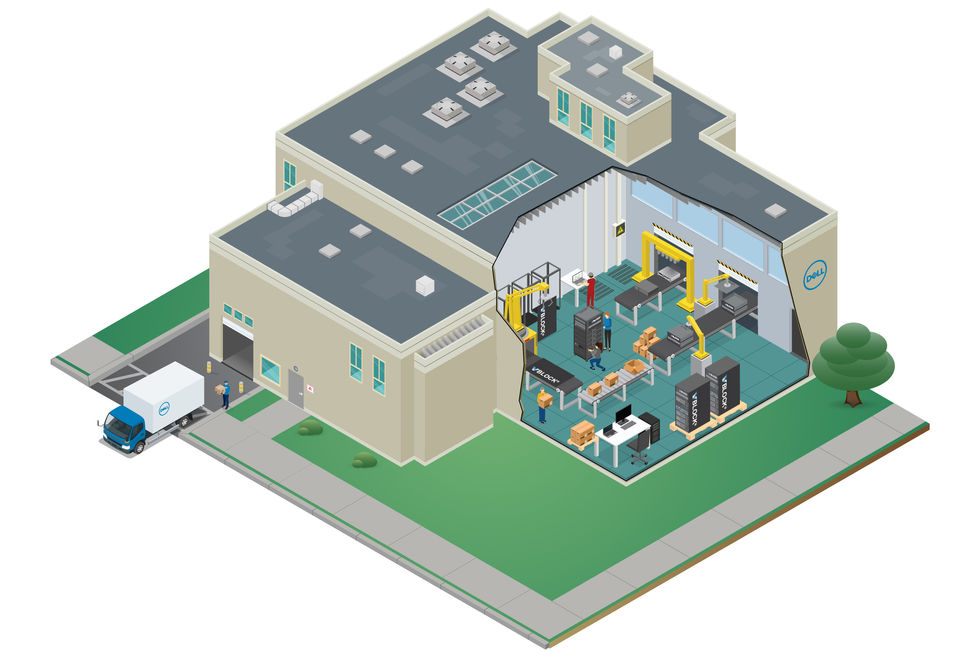 Isometric factory with a cutaway to show the process of building a product.