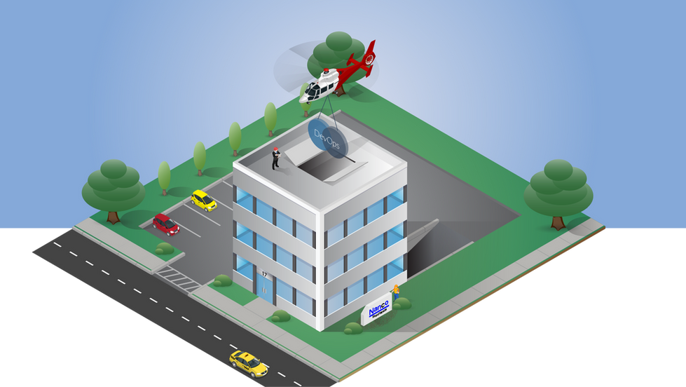 An isometric illustration of a business going through the DevOps stage of digital transformation.