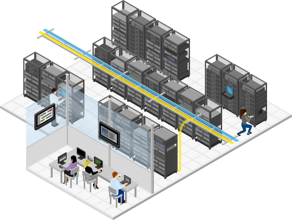 An isometric illustration of a datacenter and the office that runs it.