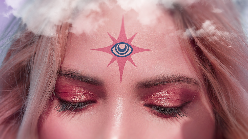 Close-up of a face with closed eyes, light-colored hair, and red eyeshadow. On the forehead, there is a mystical symbol of a blue central eye surrounded by concentric circles and a red starburst pattern. Above the head, soft clouds appear, creating a dreamy and spiritual atmosphere.