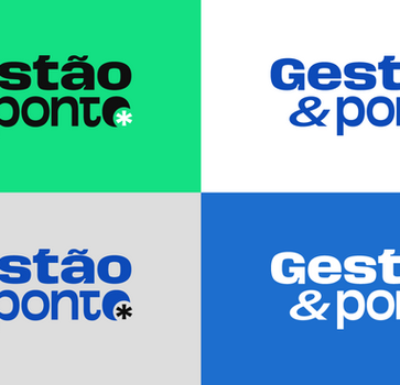 Gestão & Ponto logo displayed in two color variations: green on white background and blue on gray background