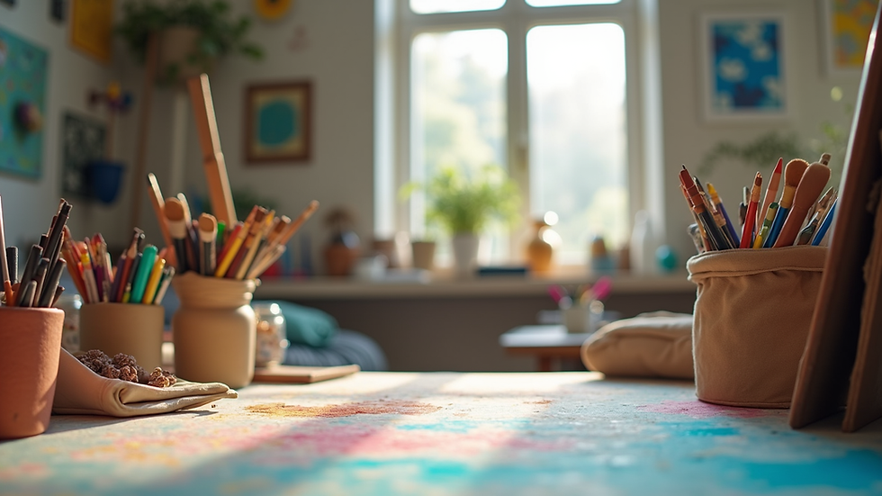 Eye-level view of a serene art studio filled with colorful supplies