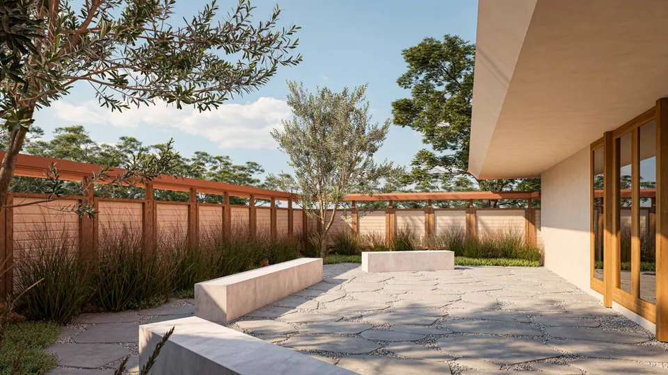 Rendering of the rebuilt courtyard wall and trellis fence with stone benches at UAMEZ Church