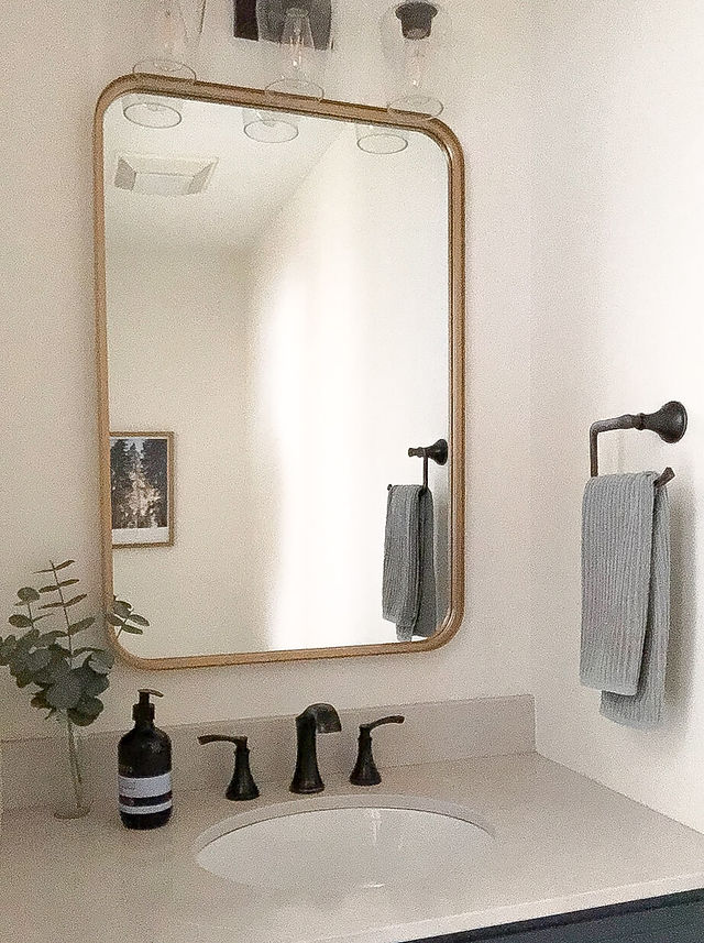 faux silver dollar eucalyptus stems in upcycled glass vase adds finishing touch to powder room vanity
