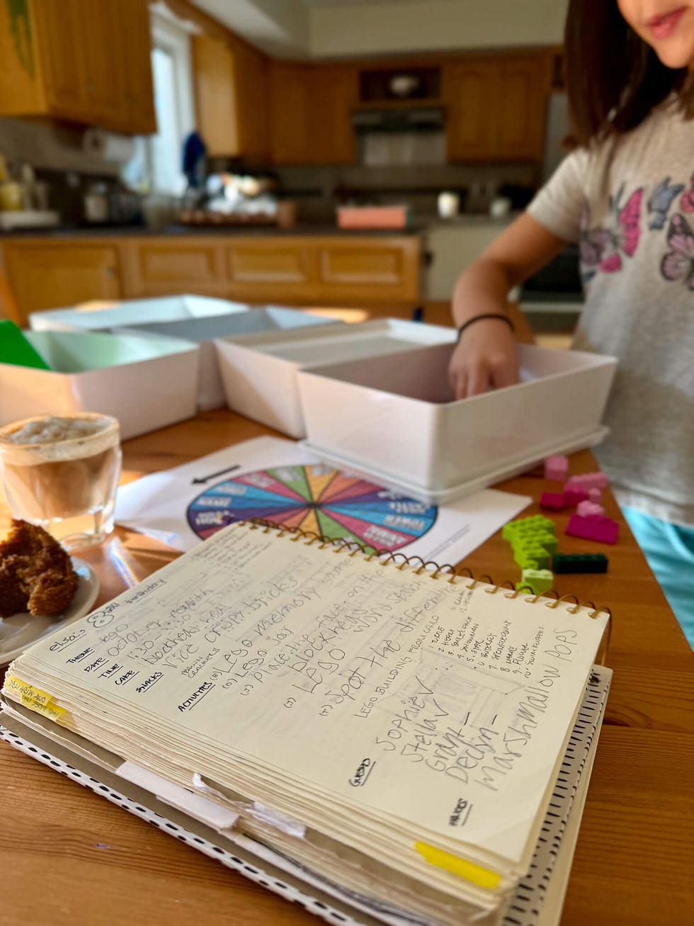 written brain dump for Lego party on page in notebook