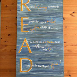sea blue-green painted canvas with gold and white letters