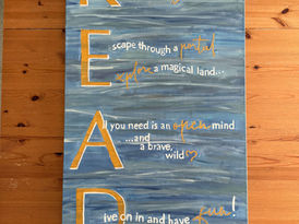 sea blue-green painted canvas with gold and white letters