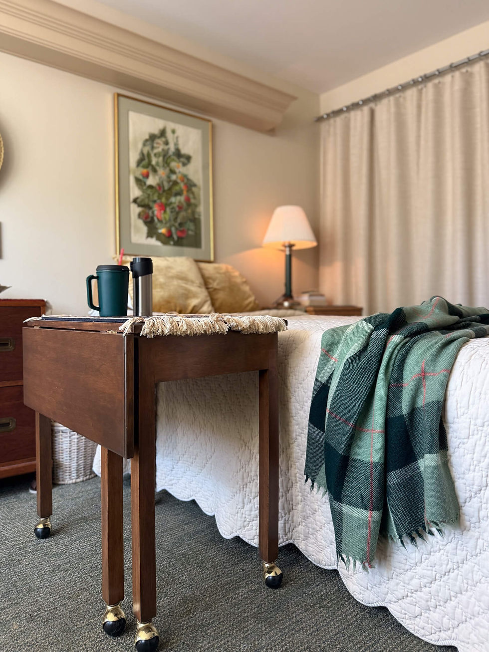 vintage drop down table next to bed