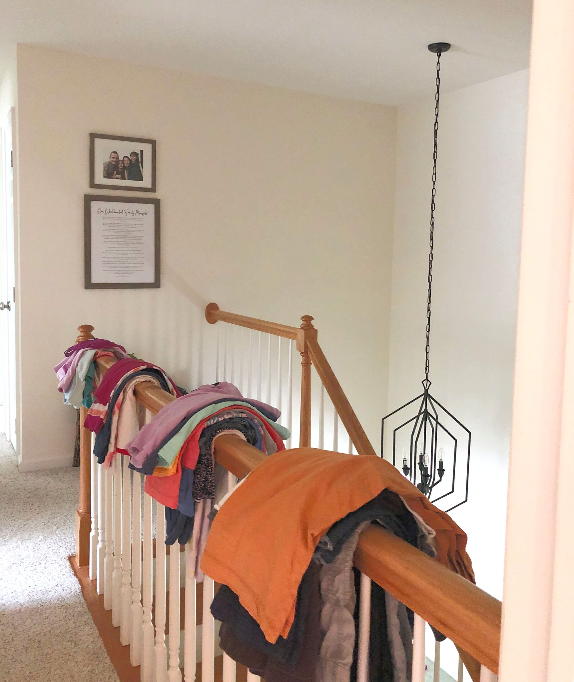 make piles of clothing to pack for travel