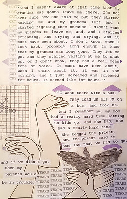 This is a snippet of page 8 before completion. Everything in the image is black and white except for purple paited diamonds in the background. There are images of hands making shadow birds and a game of tic tac toe is to the left. The words are telling various experiences of children being forced to leave their parents at residential schools