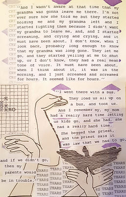 This is a snippet of page 8 before completion. Everything in the image is black and white except for purple paited diamonds in the background. There are images of hands making shadow birds and a game of tic tac toe is to the left. The words are telling various experiences of children being forced to leave their parents at residential schools