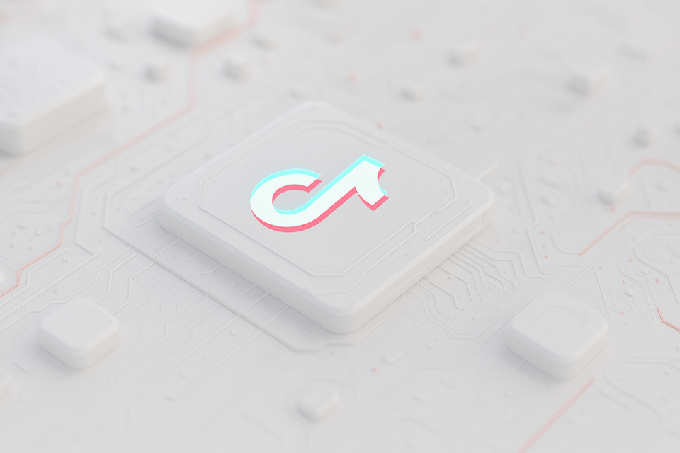 TikTok logo glowing on a white digital circuit board.