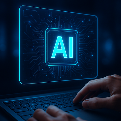 “Mano humana interactuando con una interfaz digital que muestra el ícono de inteligencia artificial ‘AI’ sobre un fondo tecnológico, representando generación de contenido con IA como texto a imagen, texto a voz y generación automática de texto.”