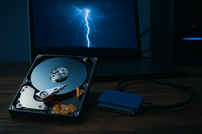 Disco duro externo abierto conectado a una computadora para recuperación de datos con herramientas forenses