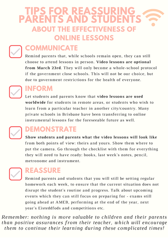 Teacher's guide on how to prepare for online lessons. Tips for reassuring parents and students about the feffectiveness of online lessons.