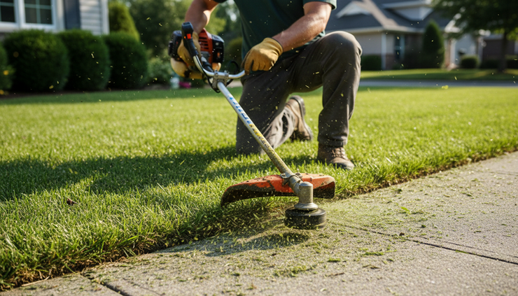 Close-up view of a professional trimmer creating a clean edge along a sidewalk.
