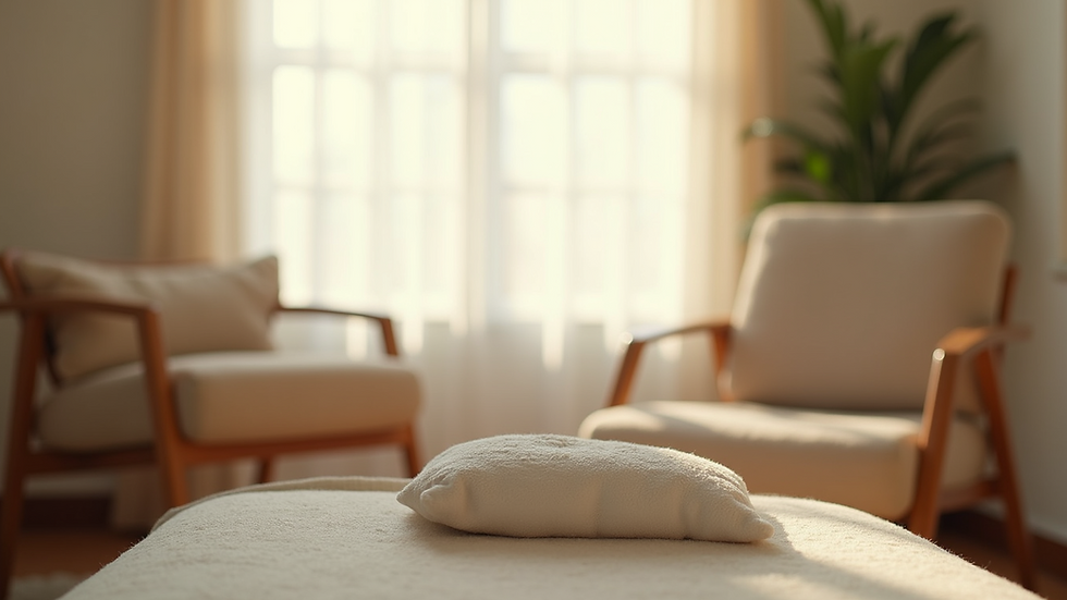 Eye-level view of a cozy therapy room with a comfortable chair and soft lighting