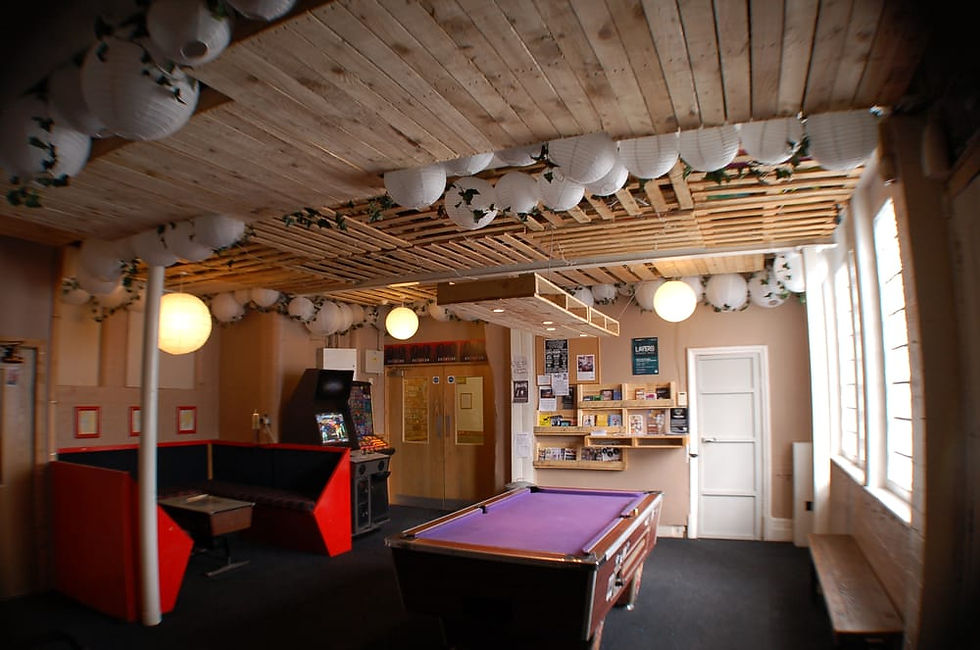 Cafe area of Carnaval Transatlânticos rehearsal space at Muthers Studio in Birmingham.