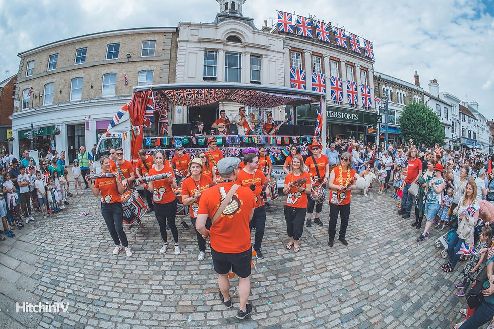 Carnaval Transatlantico samba band and sound truck at Hitchin Carnival