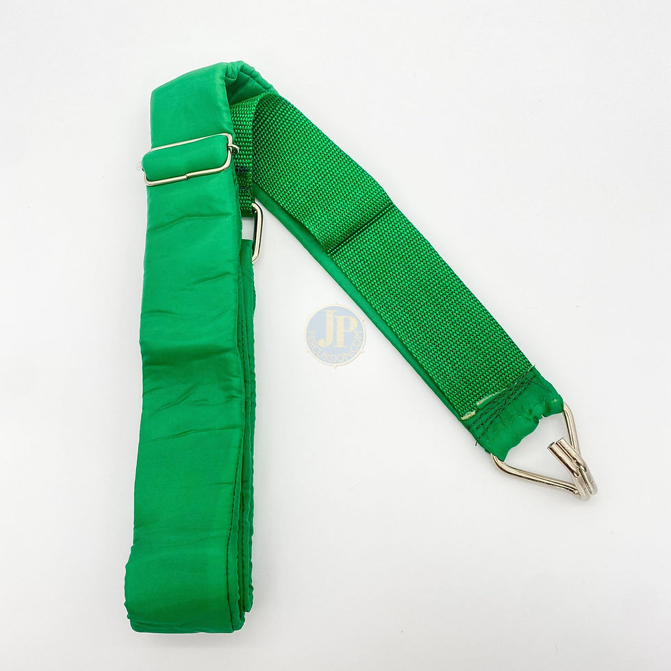 Thumbnail: Padded green single hook samba drum strap on a white background.