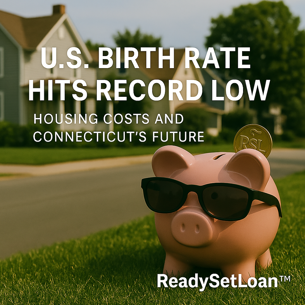 Pink piggy bank wearing sunglasses on grass, coin inserted. Text: U.S. birth rate hits record low, housing costs and Connecticut's future. Houses in background.