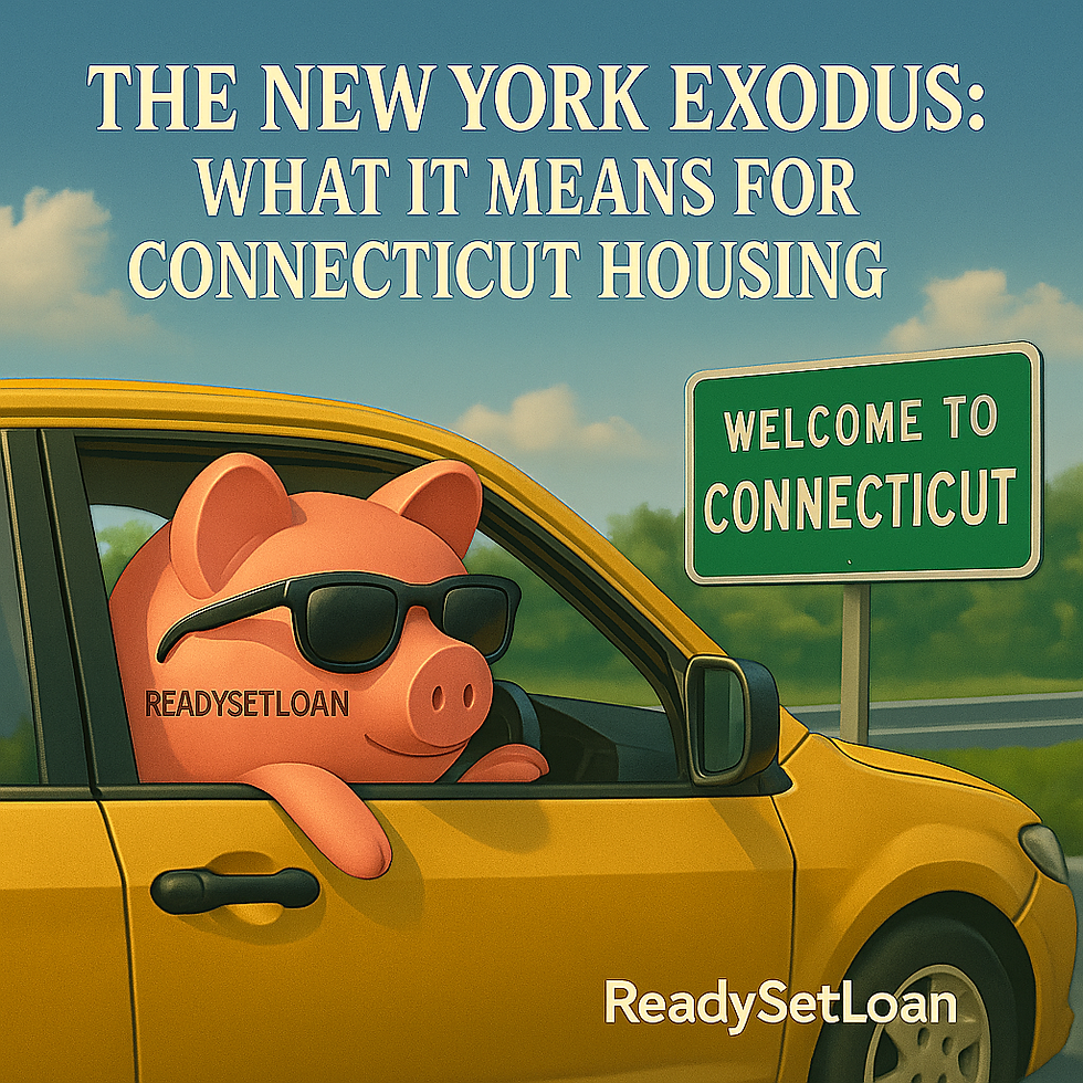 A pig in sunglasses, labeled "READYSETLOAN," leans out a yellow car window with a "WELCOME TO CONNECTICUT" sign. Text: "THE NEW YORK EXODUS: WHAT IT MEANS FOR CONNECTICUT HOUSING."