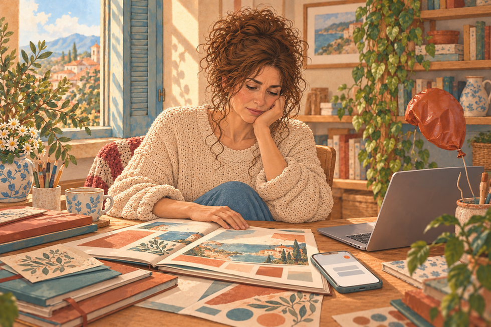 Ilustración de una mujer sentada mirando con desilusión un proyecto rechazado