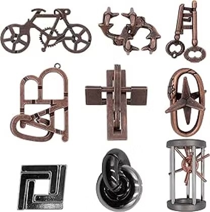 Assorted metal disentanglement puzzles, including a bike, cross, loops, and black knot designs on a white background.