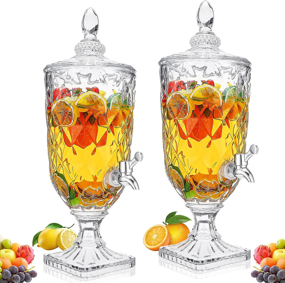 Two ornate glass beverage dispensers filled with citrus-infused drink and fruit slices, shown on a white background.