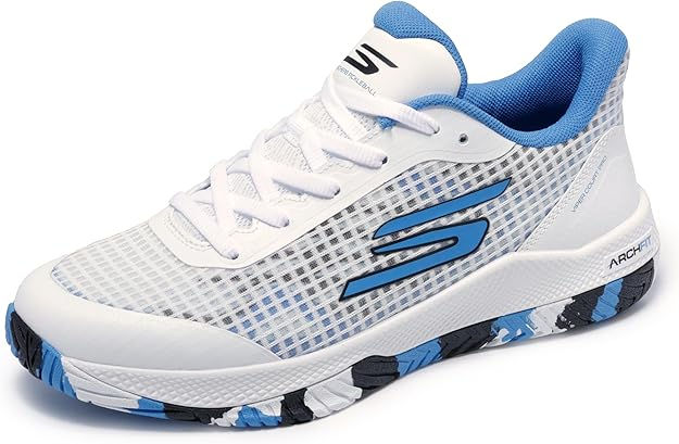 White and blue athletic sneaker with S logo and ARCH FIT text, shown isolated on a white background.