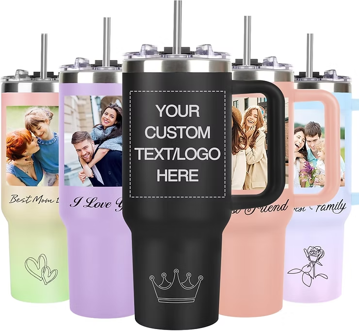 Customizable stainless-steel tumblers in pastel colors and black, with family photos, text/logo placeholder, and crown icon.