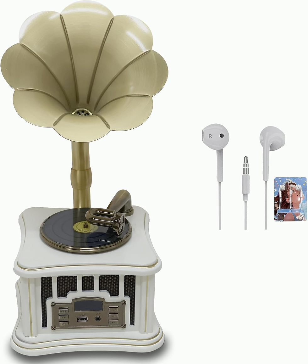 Vintage gramophone-style music player with speaker base, earbuds, and remote on white background; beige and gold with controls.
