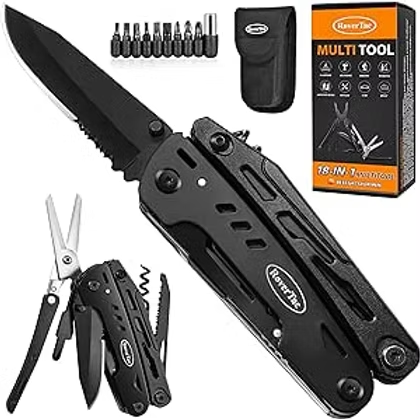 Black folding multi-tool knife with pliers and screwdriver bits, plus black pouch and retail box on a white background.