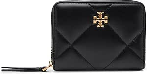 Black quilted leather wallet with a gold emblem on the front, featuring a zipper closure and tassel. The background is plain white.