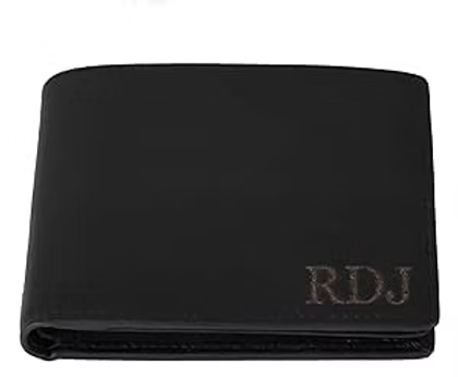 Black leather wallet or case with RDJ initials embossed on the lower right, shown against a plain white background.