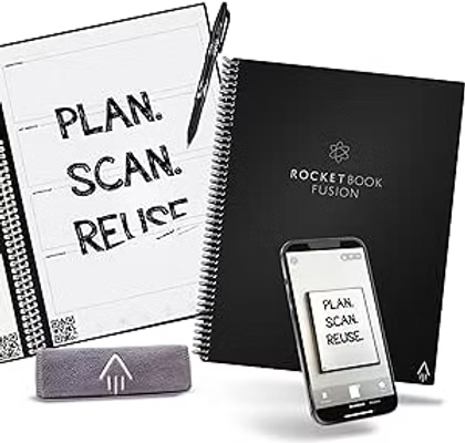 Spiral notebooks and a smartphone display PLAN. SCAN. REUSE. on a white background, with Rocketbook Fusion branding.