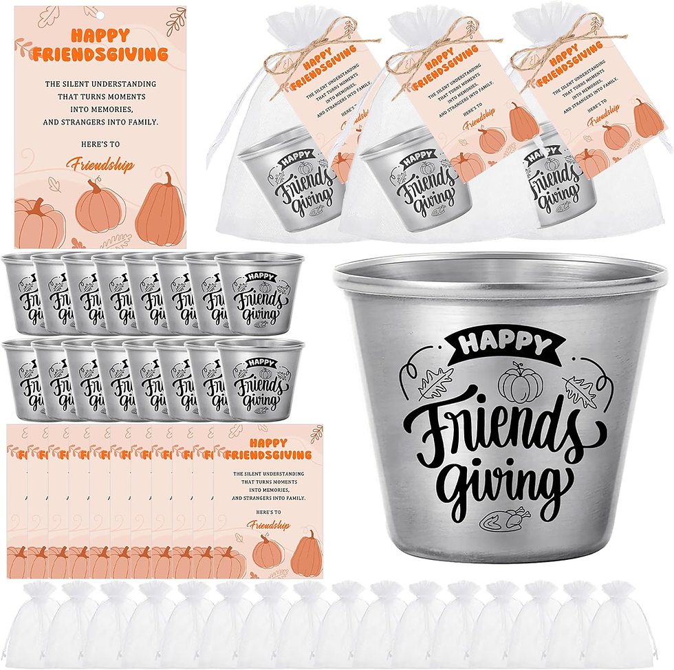 Collage of silver Friendsgiving cups, pumpkin gift tags, and white drawstring bags with Happy Friendsgiving text and fall decor.