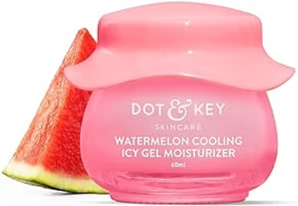 Pink Dot & Key skincare jar labeled Watermelon Cooling Icy Gel Moisturizer beside a watermelon slice on white background.