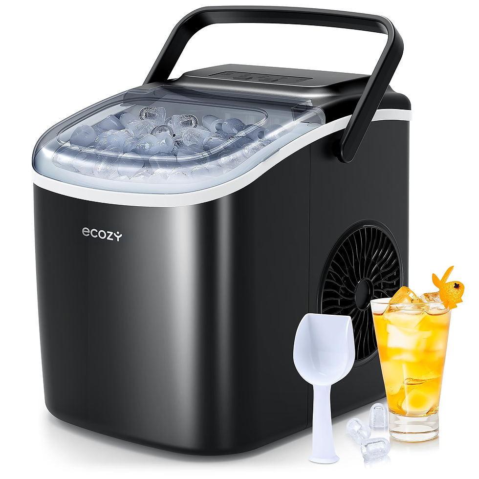 Black Ecozy countertop ice maker filled with ice, with a white scoop and orange drink beside it on a white background.